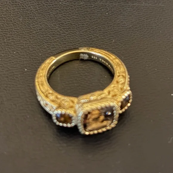 Judith Ripka Estate-Inspired 3 Stone Smoky Quartz Ring, 14K Gold-Clad, size 7